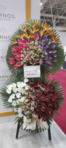 تاج گل تبریک افتتاحیه | با استفاده از گل های آنتریوم هلندی، استرزیا و آلسترومریا روی پایه چوبی در ارتفاع ۲.۵ متر