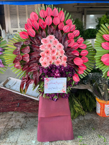 تاج گل تبریک نمایشگاه | با گل های آنتریوم هلندی و ژرورا در ارتفاع ۲ متر